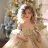 Ball Gown Champagne Pageant Dresses Long Sleeves Pearls Lace Applique Princess Tulle Puffy Kids Flower Girls Birthday Gowns s