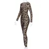 Omsj Kobieta Moda Streetwear Leopard Drukuj Dekolt Długi rękaw Skinny Kombinezony z Party Party Jesień Bodycon Pacy 210517