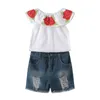 Toddler Summer Baby Kids Girls Clothes 3D Flower print senza maniche Ruffle girocollo pullover T-shirt Denim Hole Pants 2pc cotton Set 55 Z2