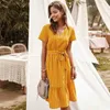 Summer Dresse Elegant V-neck Casual A-Line Midi Dress Vintage Pink Yellow Striped Sashes Lace-up Sundress Veatidos 210623