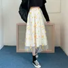 Automne taille haute 3D fleur douce jupe plissée femmes jaune broderie dentelle Harajuku filles coréennes étudiants Kawaii longue jupe 210619