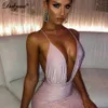 Dulzura bling glitter lantejoulas mulheres cinta mini vestido profundo pescoço decote lace up bandage backless bodycon sexy festa clube outono inverno x0521