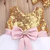 2021 Baby Meisjes Prinses Mouwloze Boog Kant Pailletten Baljurk Jurk Sundress Hoofdband 2 Stks Outfit Summer Party Clothes 0-10Y Q0716