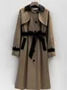 Korea Runway Designer Fall / Autum Lederen Patchwork Maxi Lange Trench Coat met Riem Chic Vrouwelijke Windbreaker Classic 210914