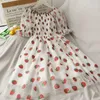 Truskawka Sukienka Kobiety Francuski Styl Koronki Szyfonowa Słodka Dress Casual Puff Sleeve Eleganckie Drukowane Kawaii Sukienka Kobiety 210719