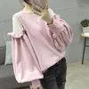 Kvinnors hoodies tröjor vsue kvinnor rosa mesh lapptäcke o nacke puffhylsa tröjor h0056