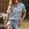 Notised Neck Tie Dye Lato Topy Dla Kobiet Przyjazd Kieszonkowy Krótki Rękaw Ol Kobieta Casual Luźna Top Bluzka 210510