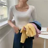 Summer Knitted Crop Tops Pullovers Women Short Sleeve Square Collar Sweater Fashion Solid Slim Ladies Jumpers Femme 210513