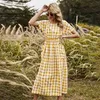 Robe d'été Femmes Coton OL Casual Manches Courtes Robes Élégantes Femme O-cou Plaid Jaune Robe Boho Robe Femme Longue Vestidos 210521