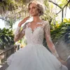 2022 Ruffles Puffy Ball Gown Wedding Dresses Long Sleeves Lace Appliques Beaded Spring Bridal Wedding Gowns Sexy Backless Buttons Garden Bride Dress Vestidos