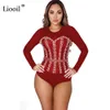 Liooil Mesh Sheer Bodysuits Сексуальный плотный костюм тела с длинным рукавом См. Через BodyCon Rompers Diamond Pampsuits 210622