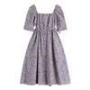 Летнее фиолетовое цветочное платье для печати женщины элегантные стильные платья слойки с коротким рукавом французские сладкие шнуры, полые Frcoks 210515