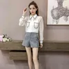 Spring Autumn Women's Shirt Korean Style See-through Lace Pocket Loose Blouse Top Casual Long Sleeve Base Tops LL618 210506