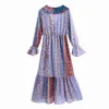 Vuwwyv Summer Lila Print Chiffon Patchwork Ruffle Woman Dresses Long Puff Sleeve Pläterad Midi Dress Women Vestidos 210430