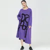 [EAM] Women Purple Big Size Printed Long Dress Round Neck Long Sleeve Loose Fit Fashion Spring Autumn 1DD5919 210512
