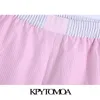 KPYTOMOA Kvinnor Chic Fashion Patchwork Striped Shorts Vintage Hög Elastiska Midja Sidofickor Kvinna Kort Byxor Mujer 210719