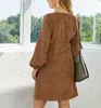 XL-4XL Elegant Fashion Corduroy Woman Dress Loose V-Neck Long Sleeve Button Mini Office Lady Dresses Plus Size W194 210526