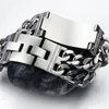 Wide Wristband Chain Bracelet Men Boy Punk Stainless Steel Fashion Engraved Name ID Unique Bracelets Bangle for Male