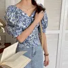 Zomer meisjes slash hals florals sexy slanke zoete femme afdrukken chique blouses hoge kwaliteit korte shirts 210525