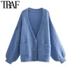 Mulheres Moda Com Bolsos Oversized Cardigan Cardigan Camisola Vintage Manga Longa Feminina Outerwear Chique Tops 210507