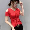 Summer Casual Folds T-Shirt Bez Ramiączek Moda Krótki Rękaw V-Neck Top Women T Shirt Plus Size 210507