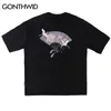 Gonthwid Harajuku Haft Ręczne Dźwigi Wentylator Wiśni Kwiaty Kwiaty Krótki Rękaw Tshirts Top Streetwear Hip Hop Casual Tees Mężczyźni Y0323