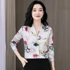 Koreanische Frauen Seide Hemd Blusen Frau Satin Floral Bluse Hemden Langarm Tops Drucken Top Plus Größe 210427