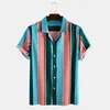 Hommes coloré rayé à manches courtes camisas de hombre bleu rose chemise décontracté col rabattu chemises 210527