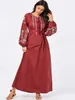 9022 패션 대형 여성 드레스 레드 수 놓은 버블 슬리브 벨트 아랍 스커트
