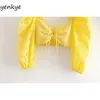 ファッション女性のオープンワークフローラルパフスリーブ黄色い格子縞クロップトップレディ前面巾着Vネック背中の夏セクシーなトップスLDZZ6106 210514