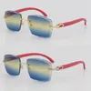 Säljer Rimless Red Wood C Dekoration Vintage Luxury Solglasögon Square Form Face Carving Lens Unisex Driving Glasses 18K Gold Met331b