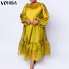 Casual Dresses Se genom klänning Elegant Kvinnor Långärmad Bohemian 2021 Vonda Summer Party Sundress Vestidos Oversized