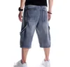 Herr Plus Size Lös Baggy Denim Korta Jeans Mode Streetwear Hip Hop Lång 3/4 Capri Cargo Shorts Ficka Bermuda Man Blå