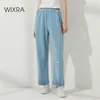 Wixra Womens 100% algodón pantalones rectos Casual cintura elástica pantalones de chándal estampado de letras bolsillos pantalones de moda 210915