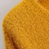 Stickad Beskuren Pullover Tröja Kvinnor Höst Vinter Vintage Lantern Sleeve Yellow Fuzzy Short Jumper Fluffy Pull 210427