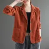 Vintage mulheres corduroy jaqueta primavera outono casaco senhoras casuais outwears feminino manga comprida solteiro único blazers 211019