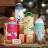 Fjbottle bottiglia d'acqua per bambini, flacks sottovuoto, thermos con modello di dinosauro carino, bottiglia di vuoto paglia sana e BPA gratis, 350 ml 211223
