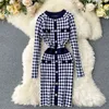 Womme plaid houndstooth gebreide jurk herfst mode retro gebreide trui gewaad werk streetwear winter bodycon plaid jurk G1214