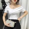 Casual White Black Off Shoulder T-shirt Female Summer Short Sleeve Cotton T Shirts Women Slim Elegant Tees Tops 210506