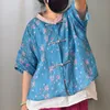 Johnature Vintage Ramie Sommerhemden für Frauen Druck Blumenständer Blusen Button Kurzarm Weibliche Lose Hemden Tops 210521