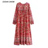 Bohemia Bandage Lacing up Collar RED Floral Print Dress Ethnic Woman Hit Color Long Sleeve Maxi Holiday Dresses 210429