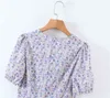 Summer Purple V-Neck Printed Chest-Wrapped High Waist Puff Sleeve A-Line Dress Female Trend Fashion 210508