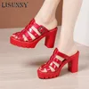 LISUNNY Toe Slippers High Peep Heels Slides Patent Leather Women Shoes Summer 2021 Buckle Platform Ladies Office Party