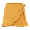 Höst sommar vintage kjolar kvinnors solida färg spets-up zip kjol seersucker ruffled kjol asymmetriska kjolar kvinnor 210514