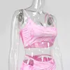 Colysmo Tie Diwa Dwa kawałek Zestaw Kobiety Lato Sexy Różowy Rękawów Crop Top Cut Out Short Spódnica 2 Casual stroje 210527