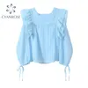 Mode Shirts Frauen Sommer Koreanischen Stil Quadrat Kragen Langarm Drapierte Soild Blau Büro Weibliche Bluse Top 210515