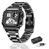 Ligeスチールストラップデジタルウォッチメンズスポーツウォッチ電子LED男性の腕時計のための男性時計の水防水警報時間210517
