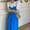 Korean Patchwork Color Elegant Long Dress Summer O Neck Short Sleeve Ruched Women Casual Female Slim Party 210601