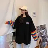 Hirsionsan Rainbow Kawaii T Shirt Women New Spring Long Sleeve Harajuku Tees Casual Student Tops Stripe Overdimensionerade kläder 210322