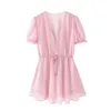 Élégant Rose Flocage Dot Party Mini Robe Boho Beach Mode Col En V À Manches Courtes Doublure Doublure Douce Mignonne Filles Chic Robes 210521